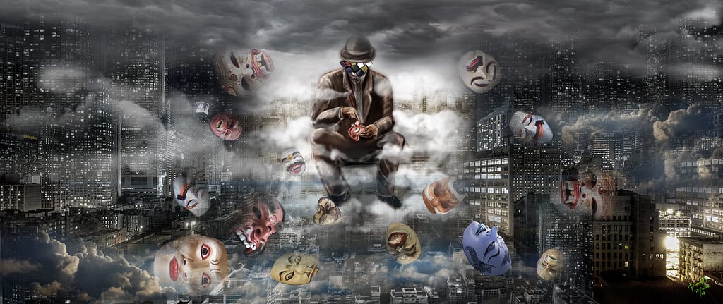 An abstract Digital art poster similar to NFTs with the background of a city-scape at night, and a mysterious,  dark-suited figure in the centre surrounded by clouds, smoke and various floating horror masks.