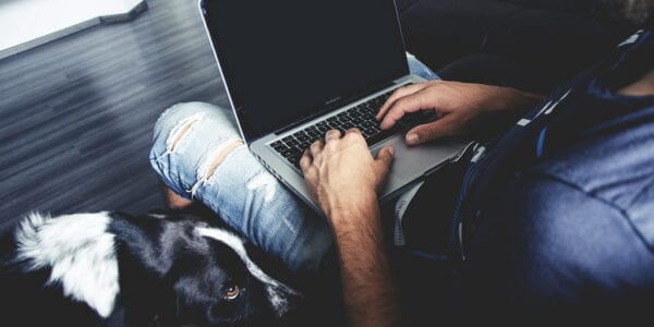 Man types on laptop while dog waits patiently