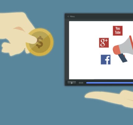 Image of megaphone and social media icons inside computer screen next to hand holding a coin