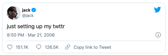Image of Jack Dorsey's tweet which reads "jus setting up my twttr"