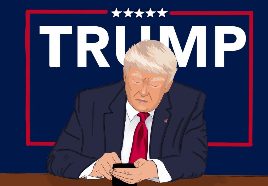 Illustration of president trump tweeting with his campaign sign in the background.