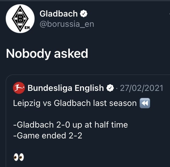 Borussia Moenchengladbach replying "nobody asked" to a tweet, similar to how a normal Football Twitter account would tweet