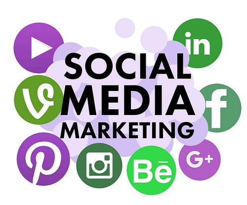 This image says social media marketing and depicts various social media logos such as YouTube, Vine and Instagram and much more