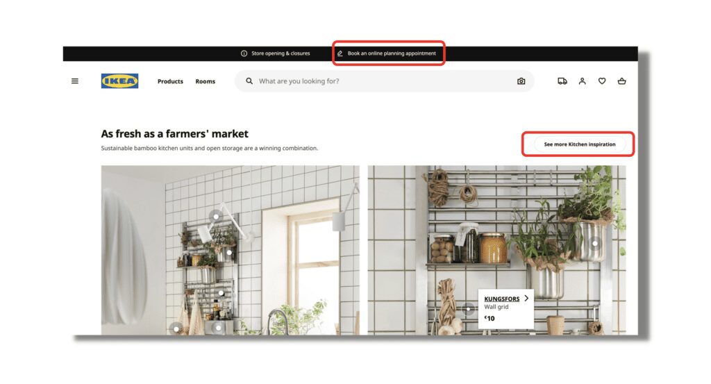Screenshot of Ikea's landing page which shows this brand's tailored Call to Actions. For instance "See more kitchen Inspiration".