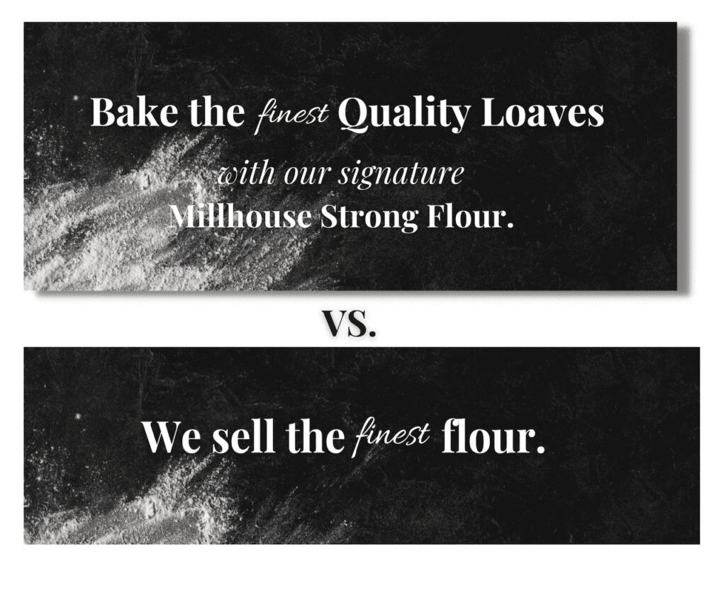 Text in image shows a sample heading on a landing page which reads: "Bake the finest quality loaves with our signature Millhouse strong flour." Versus "We sell the finest flour".