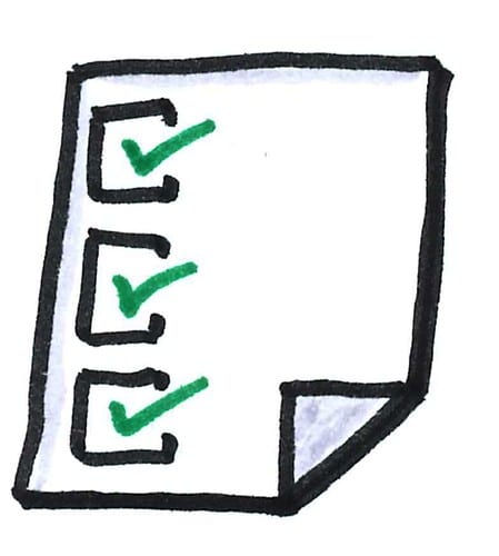 Image of an animated A4 page which is primarily white in colour with three sequential black square boxes outlined on the left hand side of the page with a green check mark tick in each box. The bottom right hand corner page is turned up. 