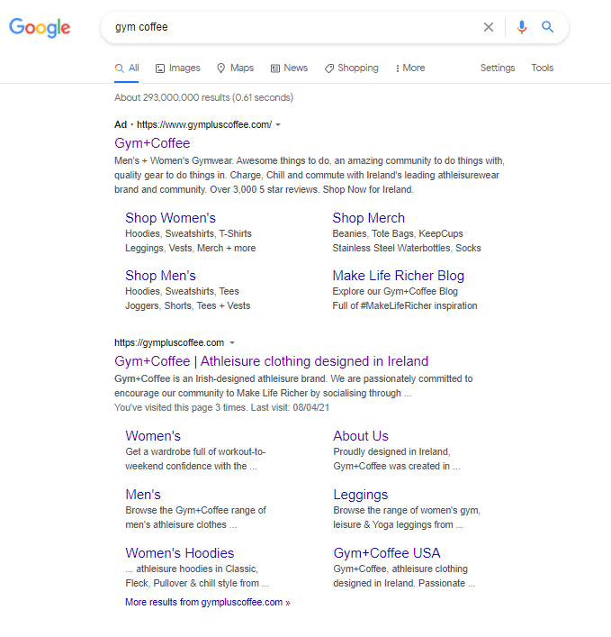 The Google search results presented when 'gym coffee' is typed in the search bar, showing an ad result for Gym Plus Coffee website as well as the Gym Plus Coffee website being the top organic result.
