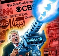 A caricature of Trump using the social media platform Twitter to spread news. 