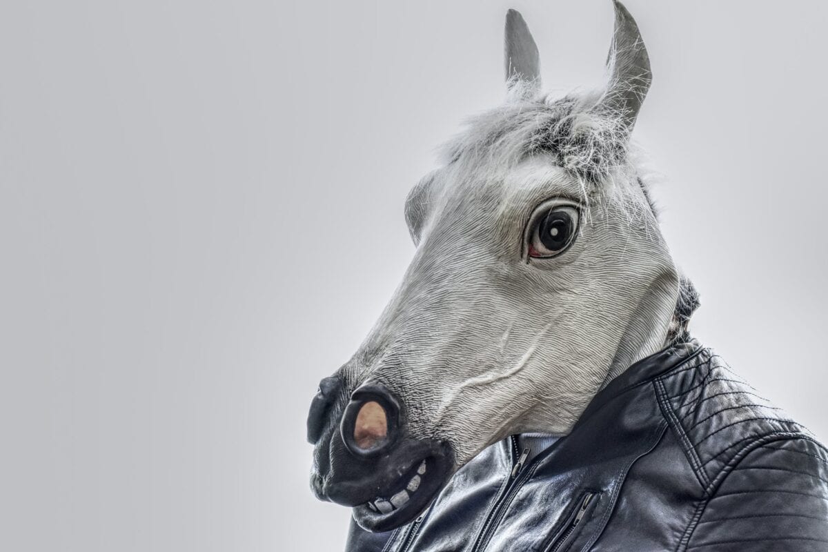 A fake (plastic) horse head on a human body