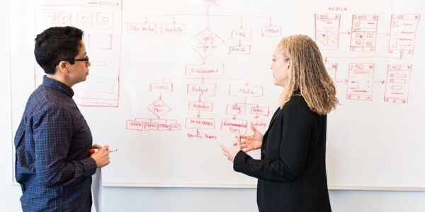 Two people standing and discussing in front of a white board with a mobile app wireframe drawn on it.