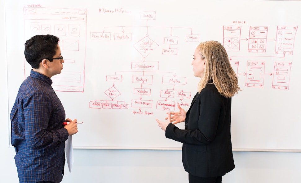 Two people standing and discussing in front of a white board with a mobile app wireframe drawn on it.