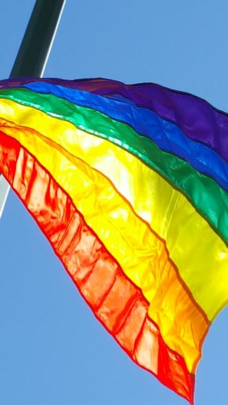 Image of an LGBTQ+ Pride Flag blowing in the wind on a clear summer's day